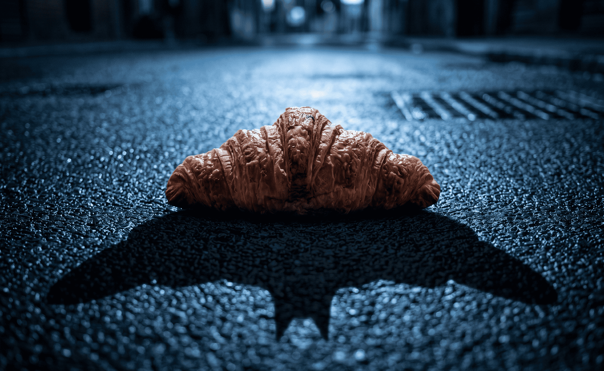 Croissant shaped like Batman symbol on wet street at night.